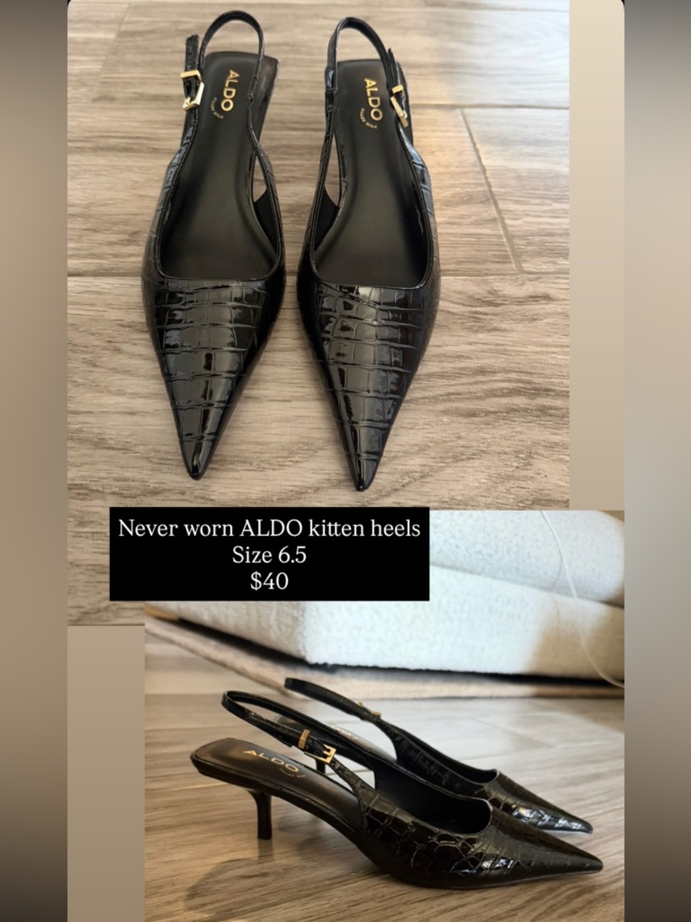 ALDO Black Croc-Embossed Slingback Kitten Heels